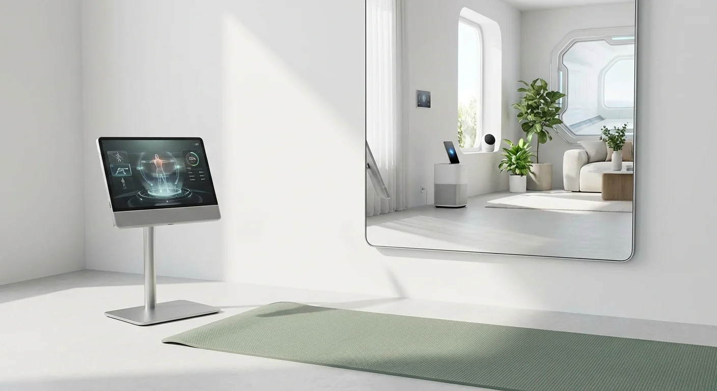 A sleek, modern home workout station with a tablet and yoga mat.