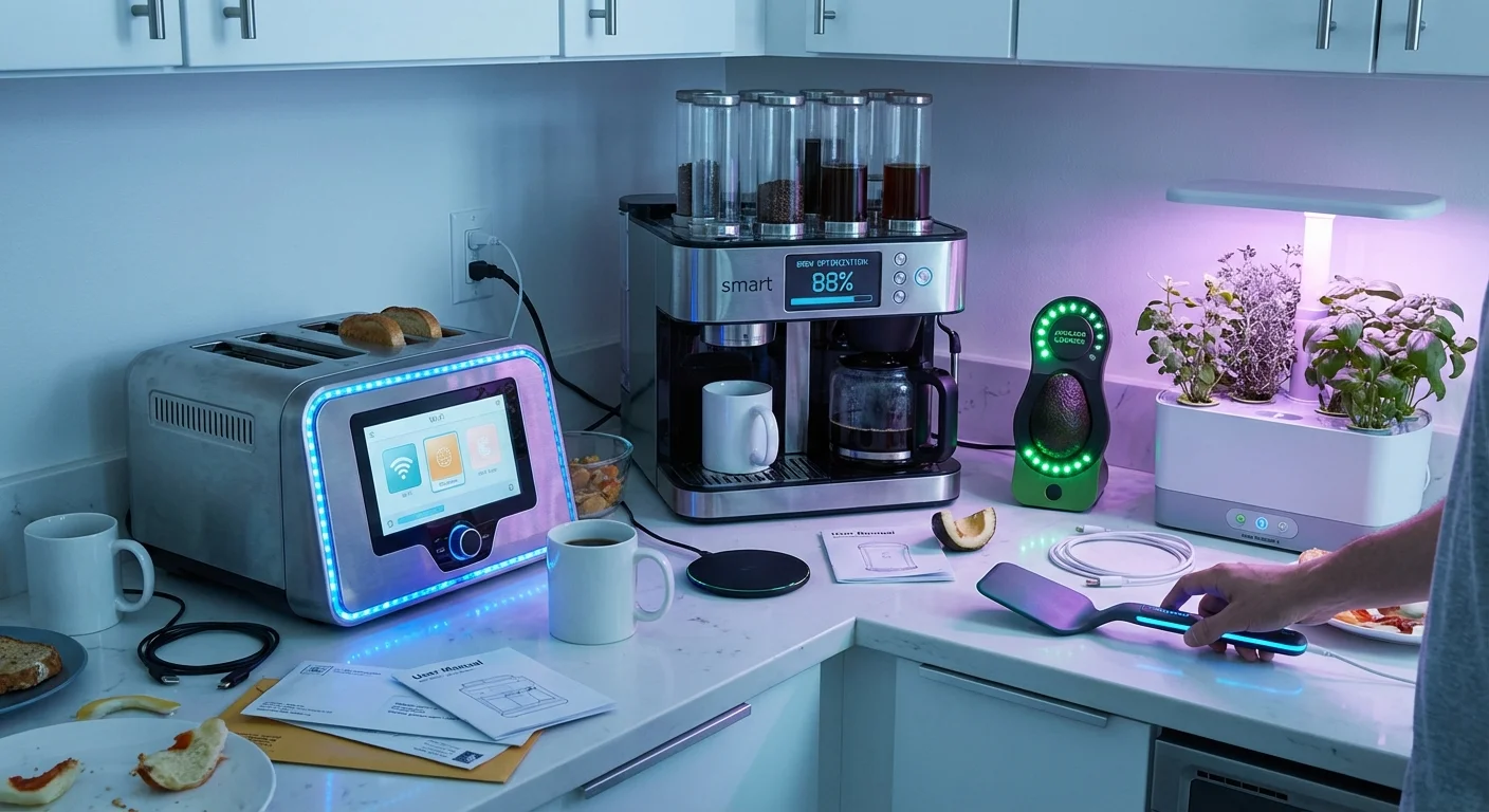 A collection of overly complex and unnecessary smart kitchen gadgets on a counter.