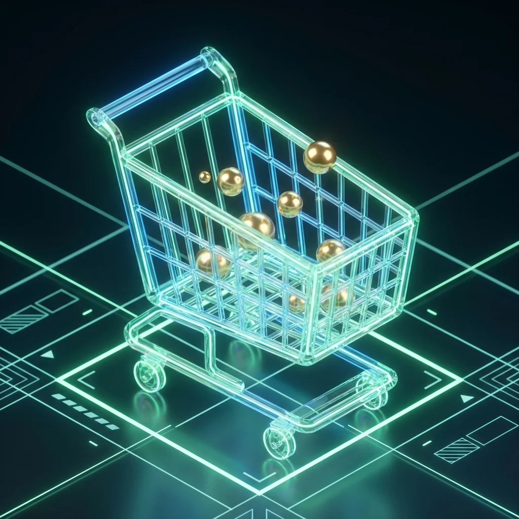 A stylized glass 3D shopping cart filled with gold spheres representing grocery savings.
