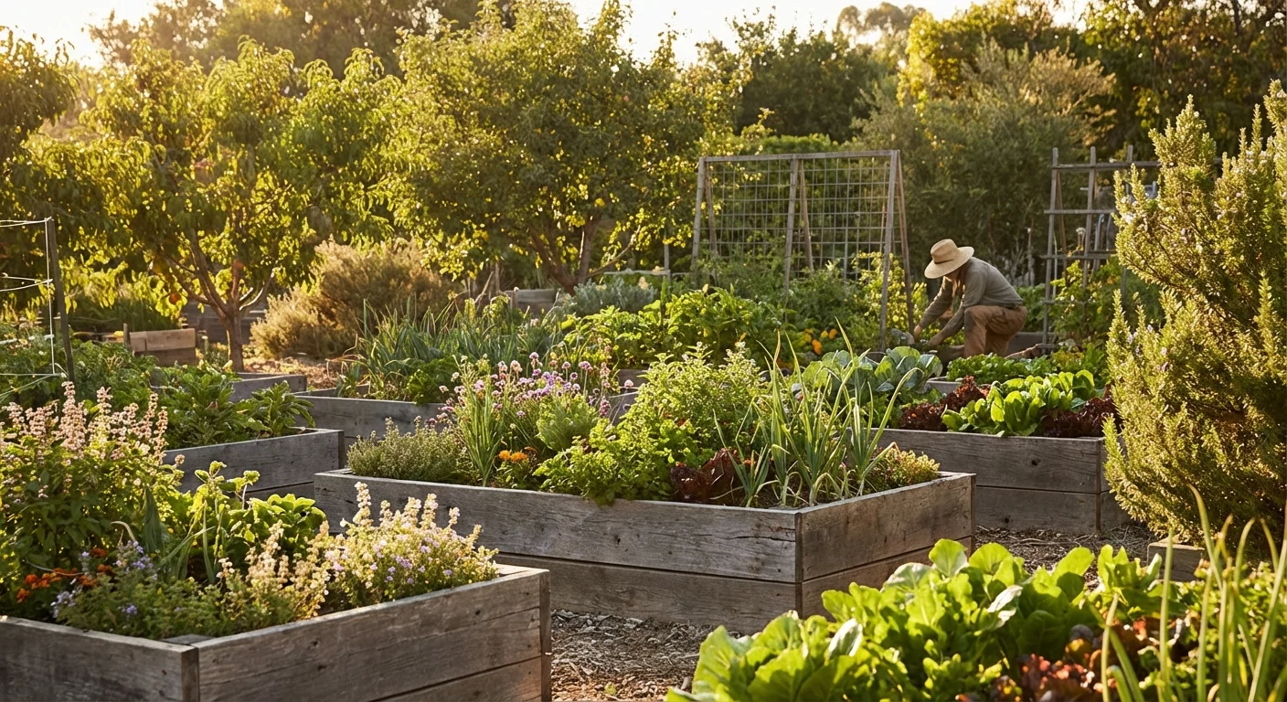 A lush, well-maintained community garden during the golden hour.