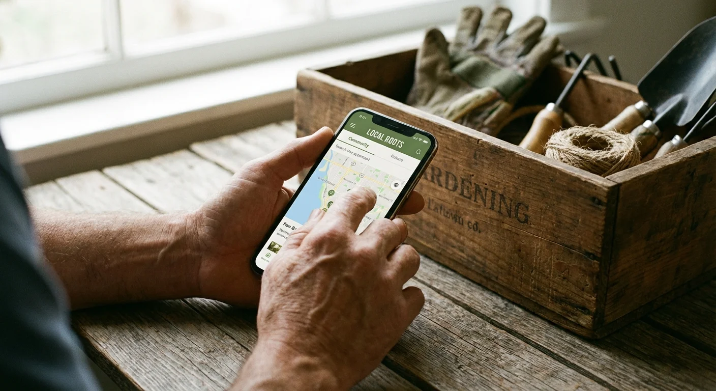 Hands using a smartphone app next to a wooden crate of tools on a sunlit table.