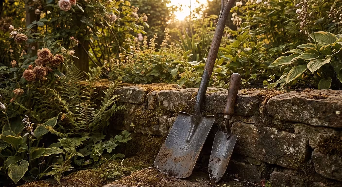 Metal gardening spade and trowel leaning against a mossy stone wall in a sunlit garden