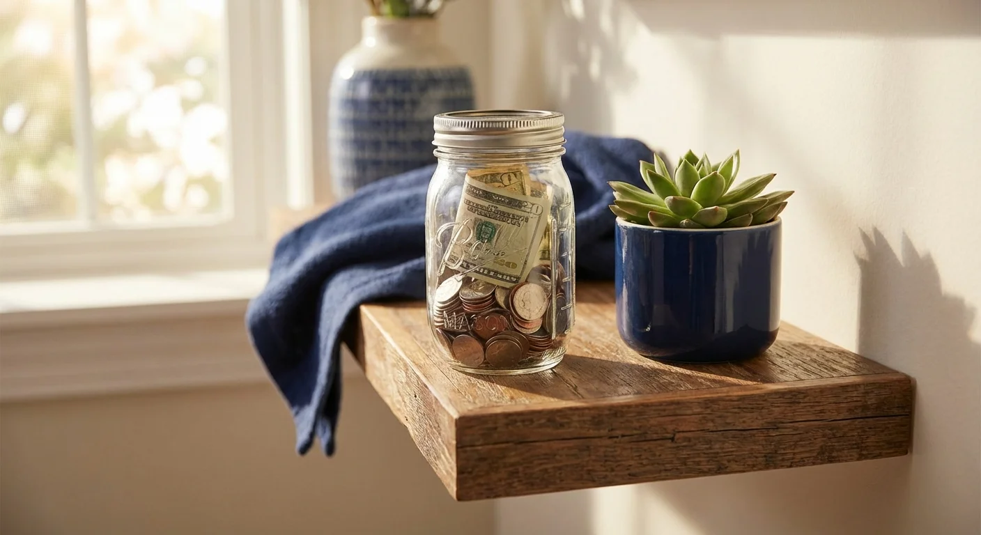 A glass savings jar on a shelf, symbolizing the money saved from energy efficiency.