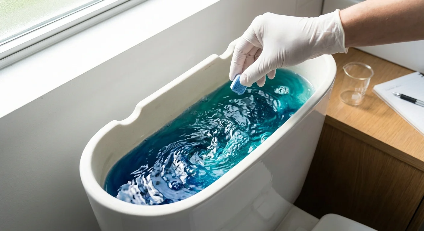 Blue dye swirling in a toilet tank to test for leaks.