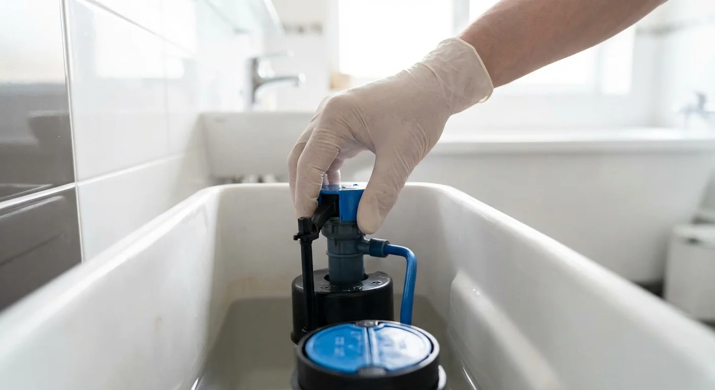 Adjusting a new fill valve inside a toilet tank for better efficiency.