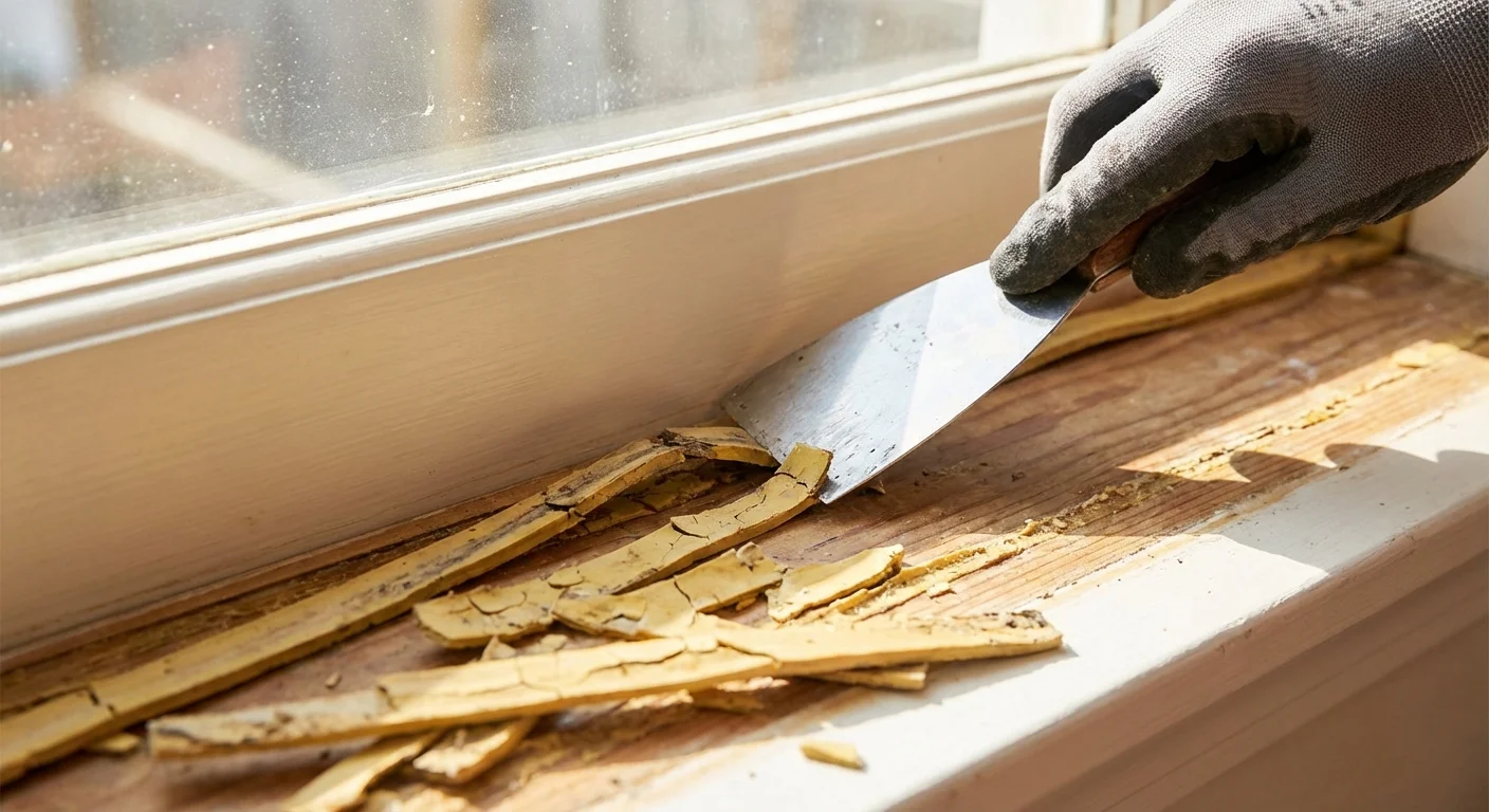 Gloved hand scraping old peeling paint from a wooden window sill with a metal putty knife