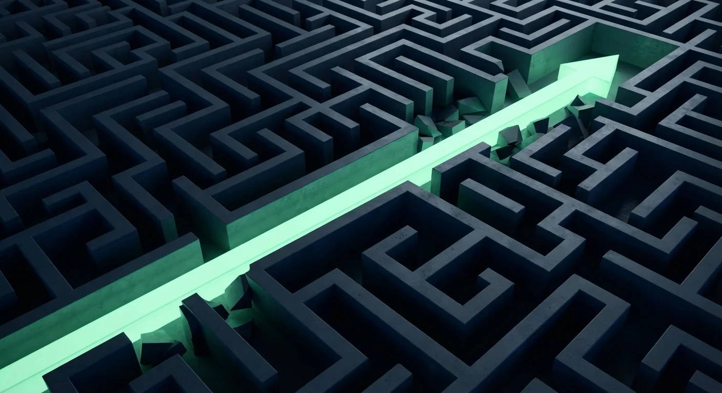 A bright green 3D arrow cutting a straight path through a dark, complex maze.