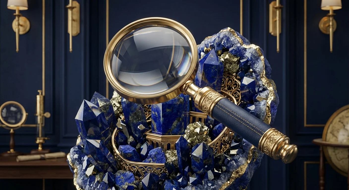 A 3D magnifying glass examining a complex crystal structure in navy and gold.