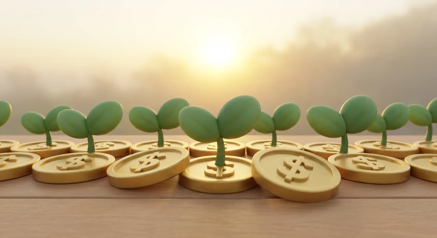 Stylized 3D plants growing out of gold coins under soft, warm lighting.