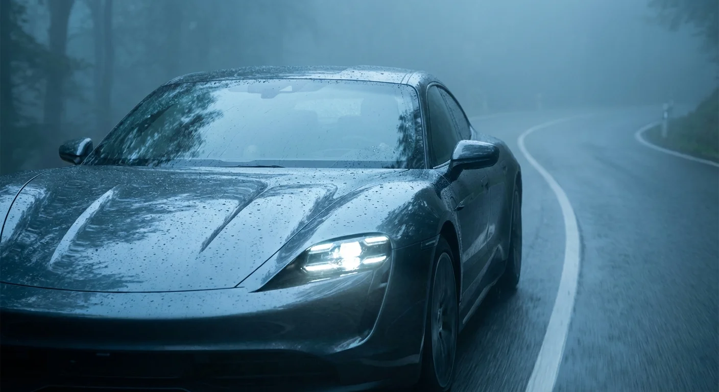 An electric vehicle driving on a wet road during a light rain.