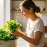 A person harvesting fresh green lettuce from a sunny windowsill garden in a bright kitchen.