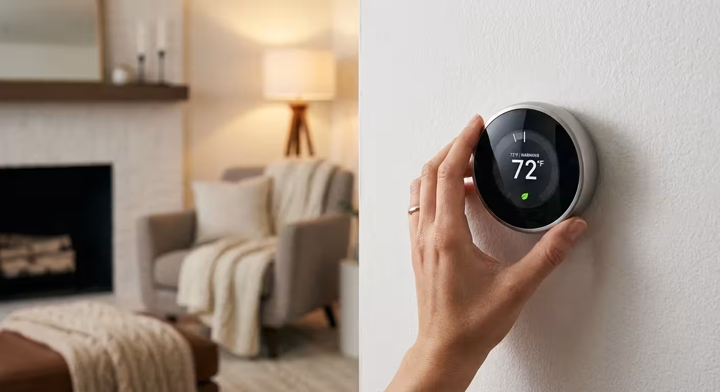 A hand adjusting a modern smart thermostat in a cozy, high-end home.