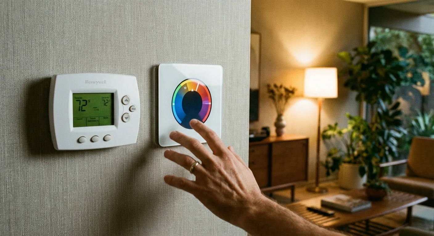 A comparison of a standard programmable thermostat and a modern smart thermostat on a wall.