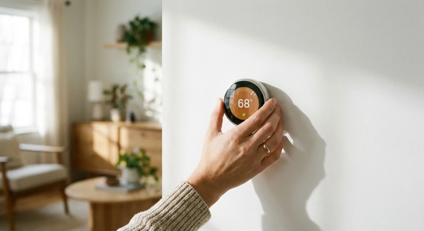 A close-up of a hand adjusting a sleek smart thermostat on a white wall.