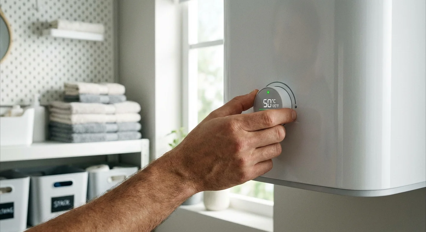 A hand adjusting the temperature dial on a home water heater to 120 degrees.