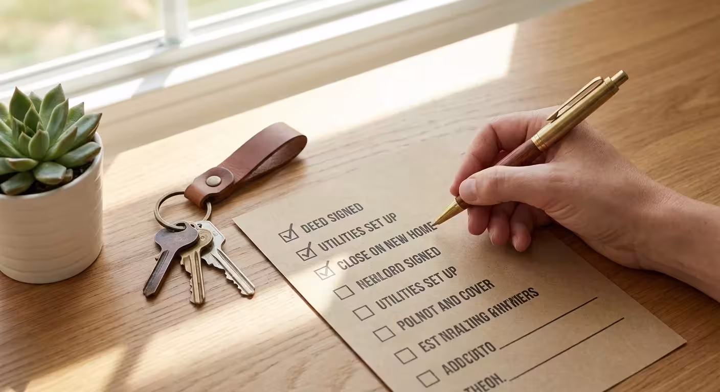 A hand checking off a list next to house keys and a plant.