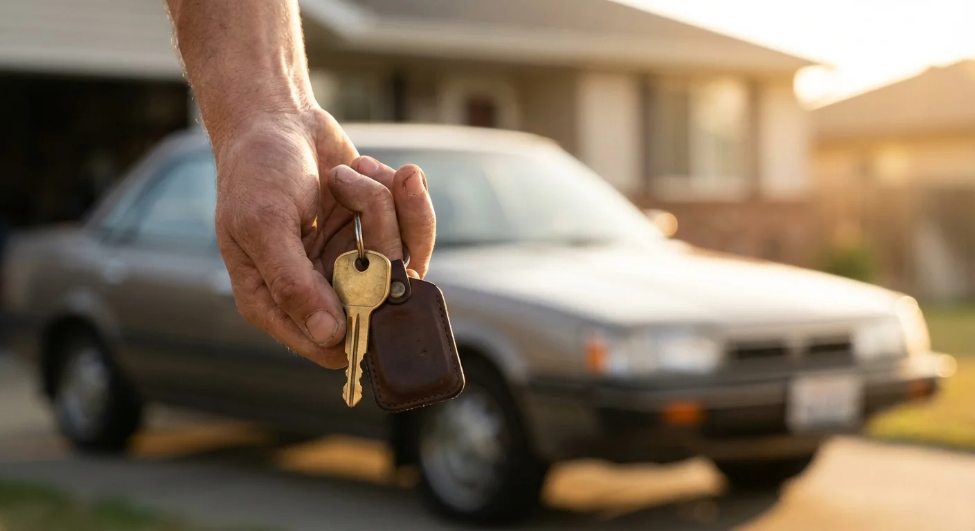 A close-up of a hand holding car keys with a car in the background.