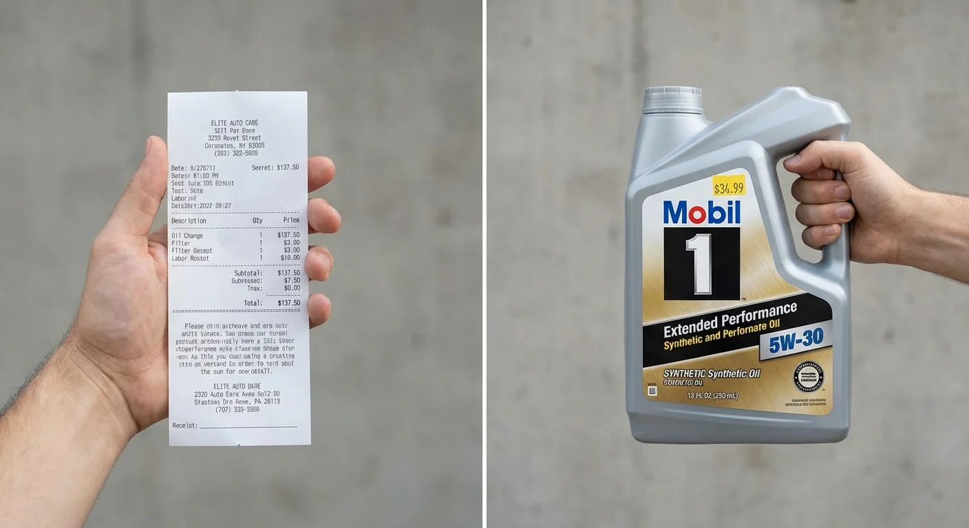 A visual comparison between a high-priced service receipt and a budget-friendly jug of synthetic oil.