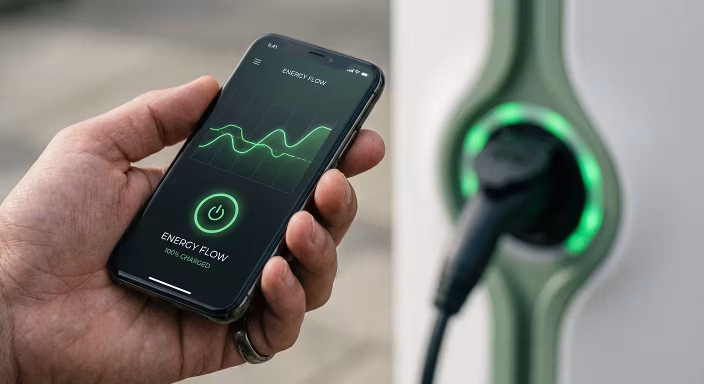 Close-up of a smartphone app tracking electric vehicle energy usage.