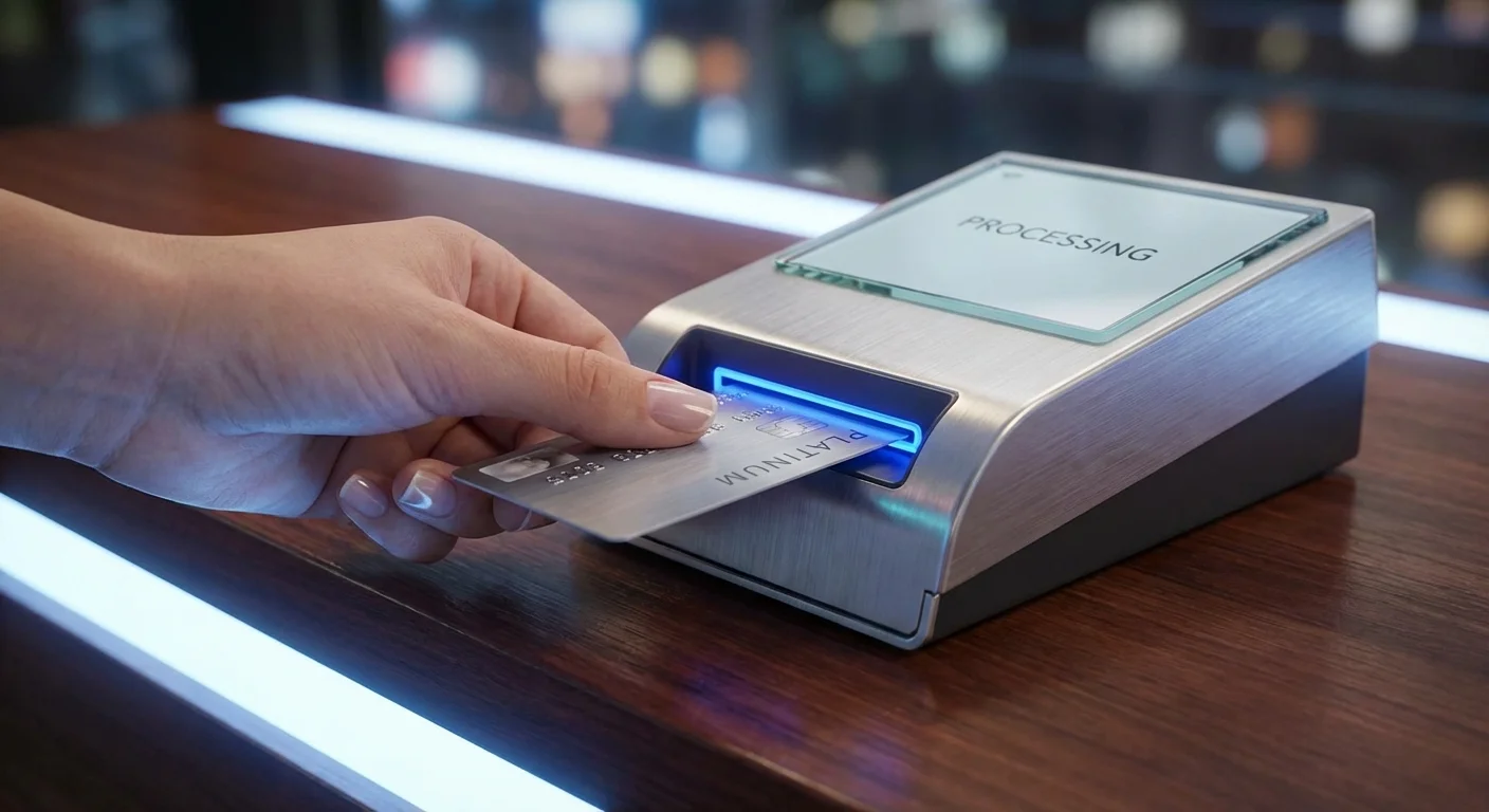 Close-up of a credit card payment at a terminal, highlighting transaction fees.