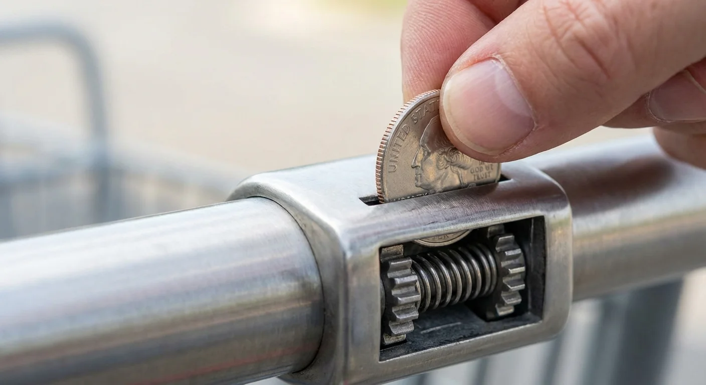 Close-up of a hand putting a quarter into an Aldi grocery cart.