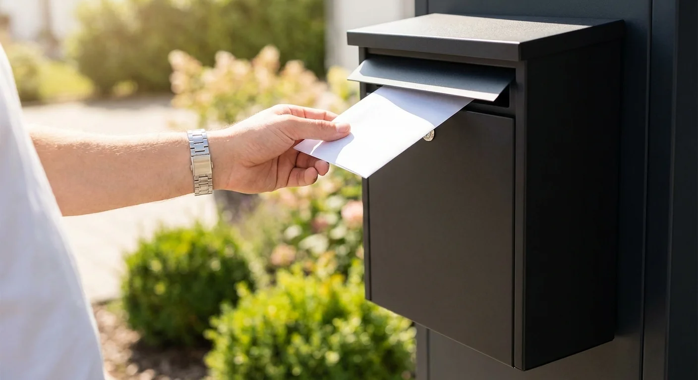 A hand retrieving an envelope from a modern mailbox.