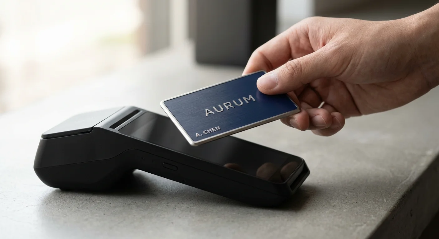 Close-up of a hand using a premium credit card at a payment terminal.