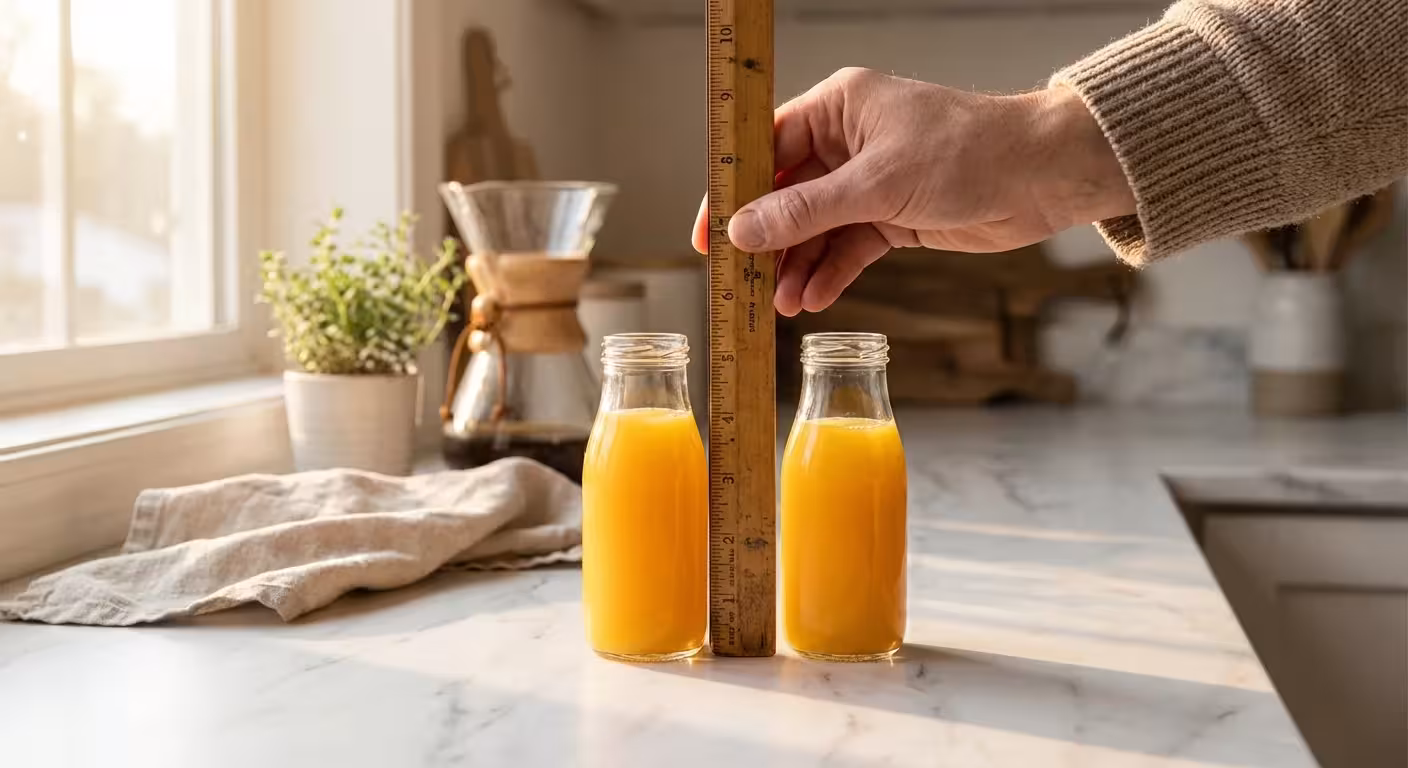 A person measuring two different sized juice bottles with a ruler on a kitchen counter.