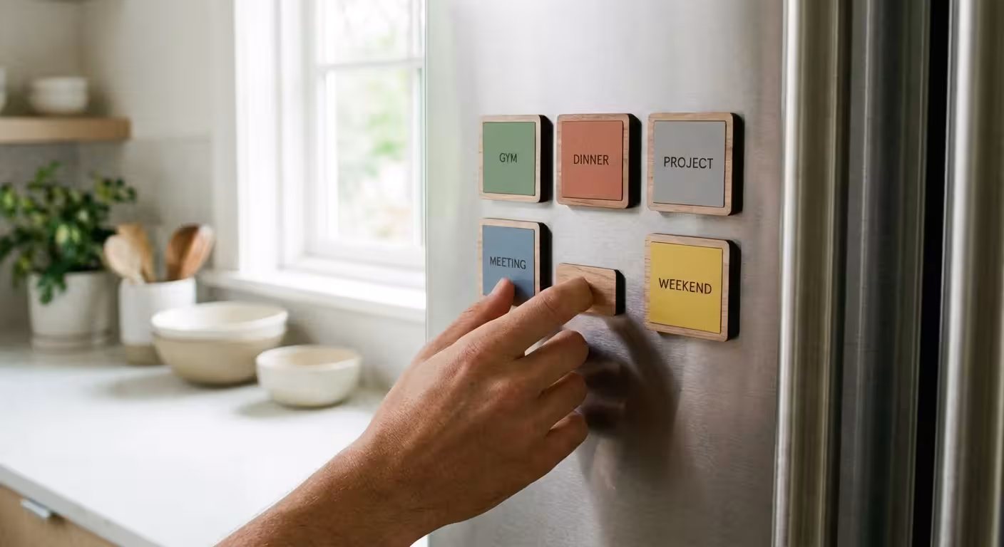 A hand placing a color-coded schedule magnet on a modern refrigerator.