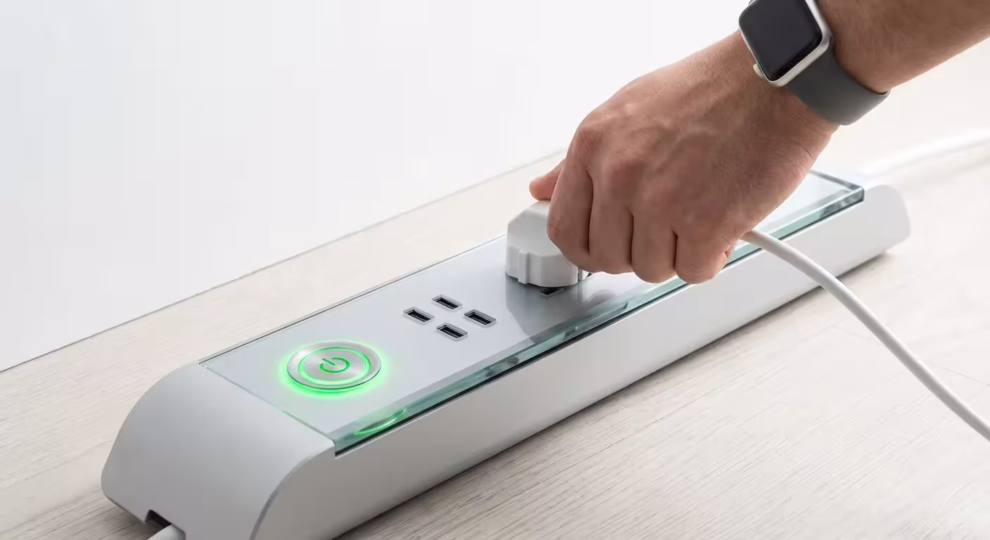 A hand plugging a device into a power strip with a green light.