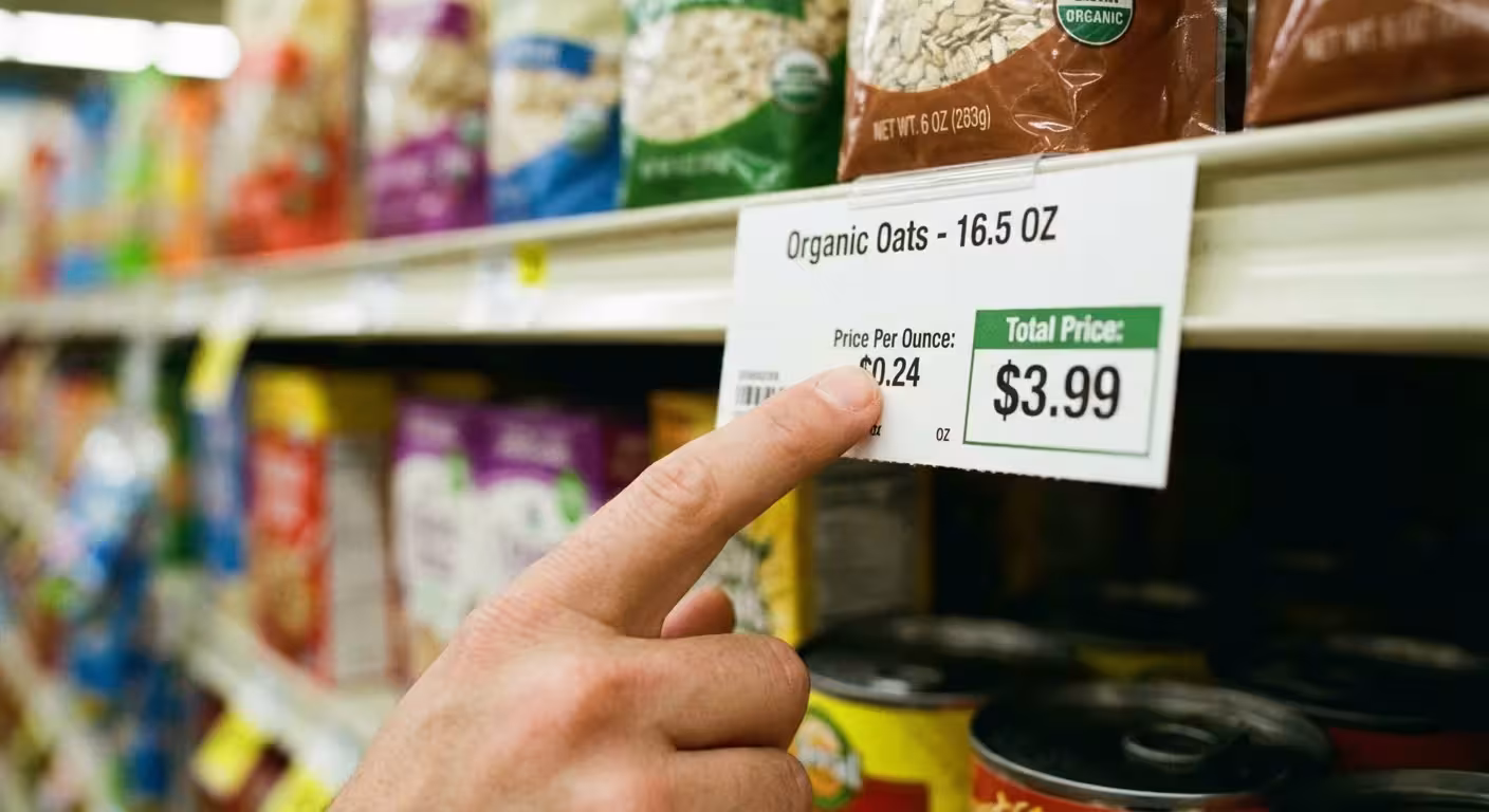 A close-up of a hand pointing to the unit price on a grocery store shelf label.