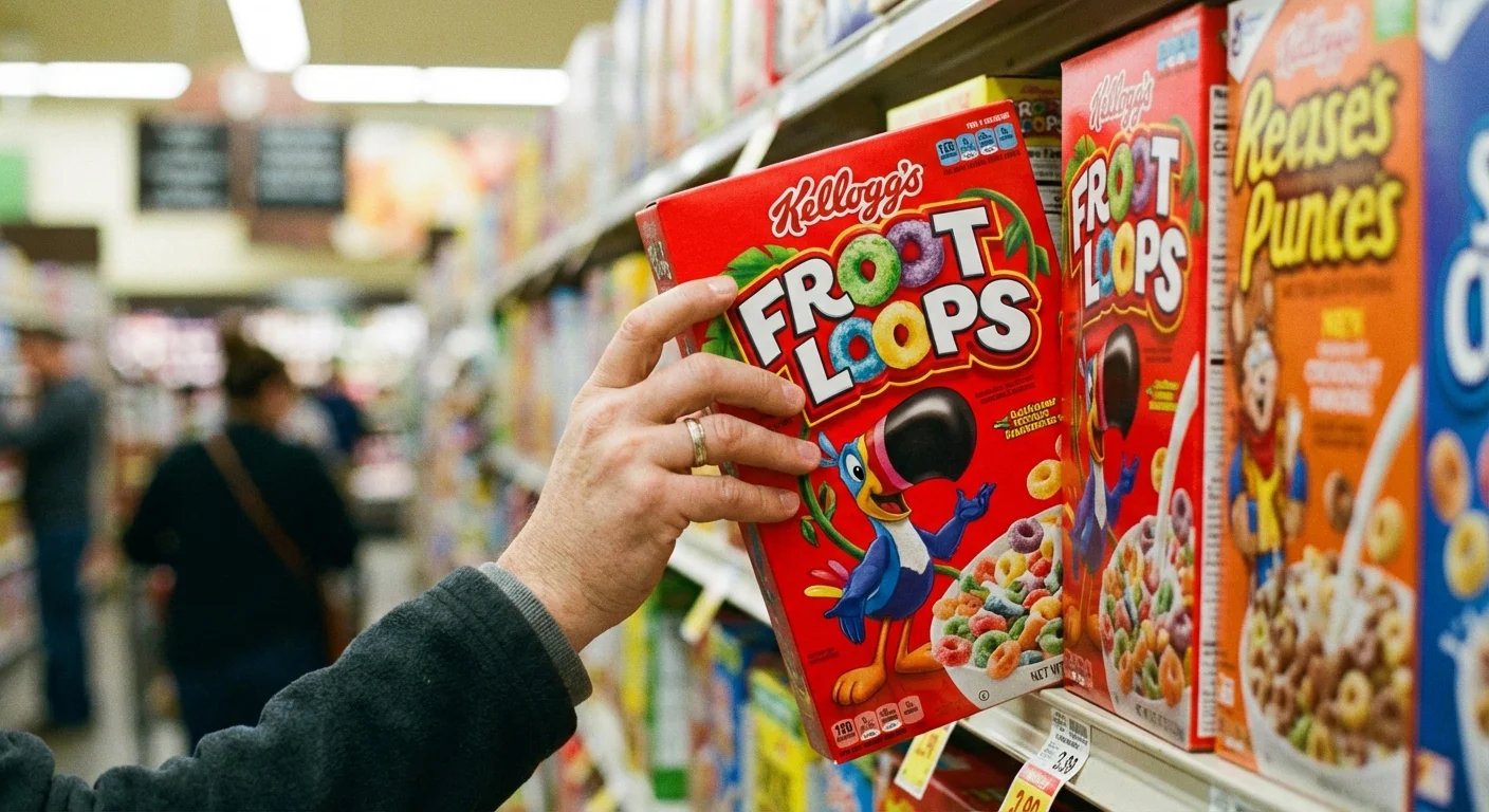 A shopper reaching for a brand-name cereal box on a supermarket shelf.