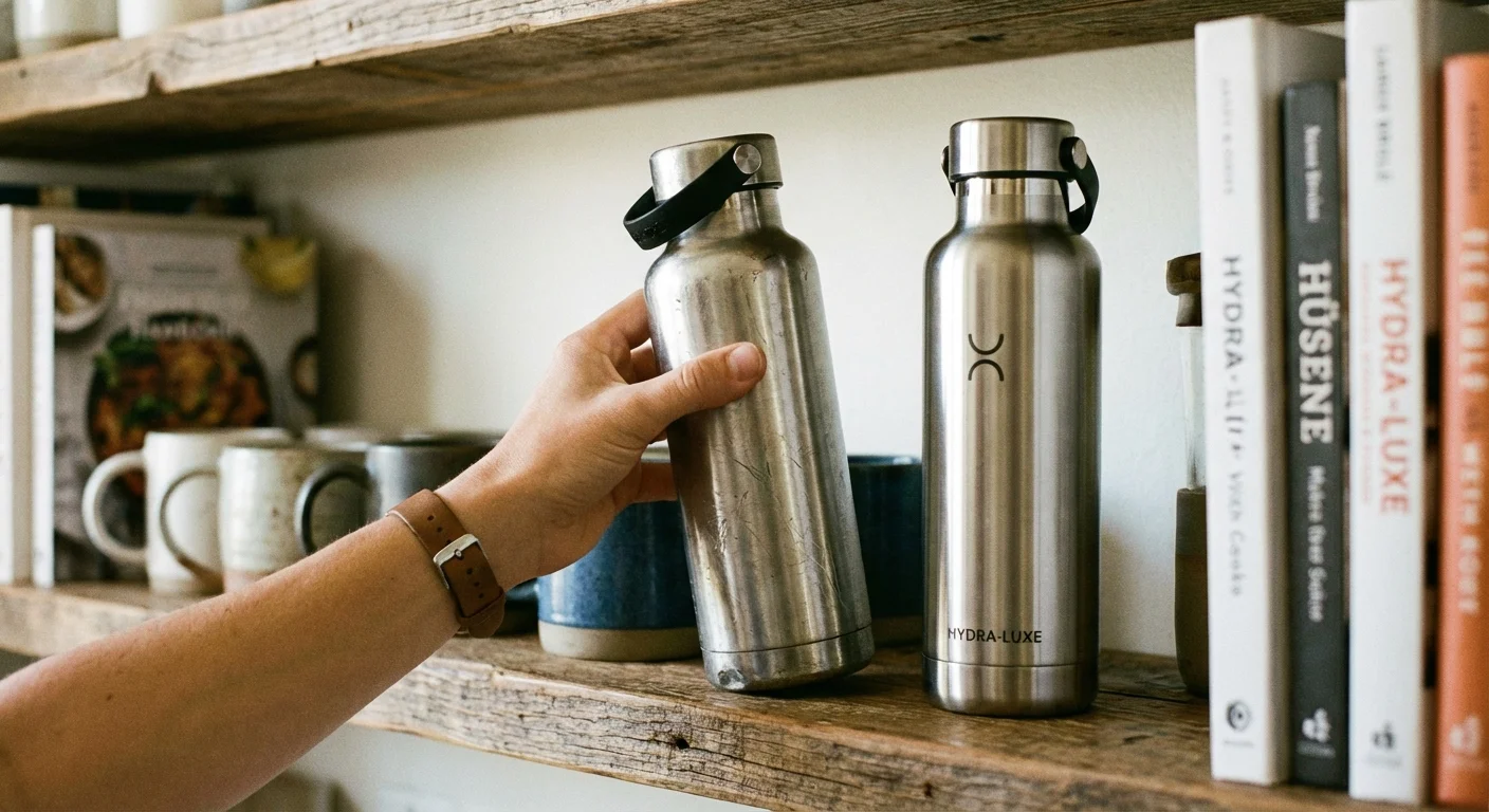 A clear glass bottle in focus with blurry commercial cleaning products behind it.