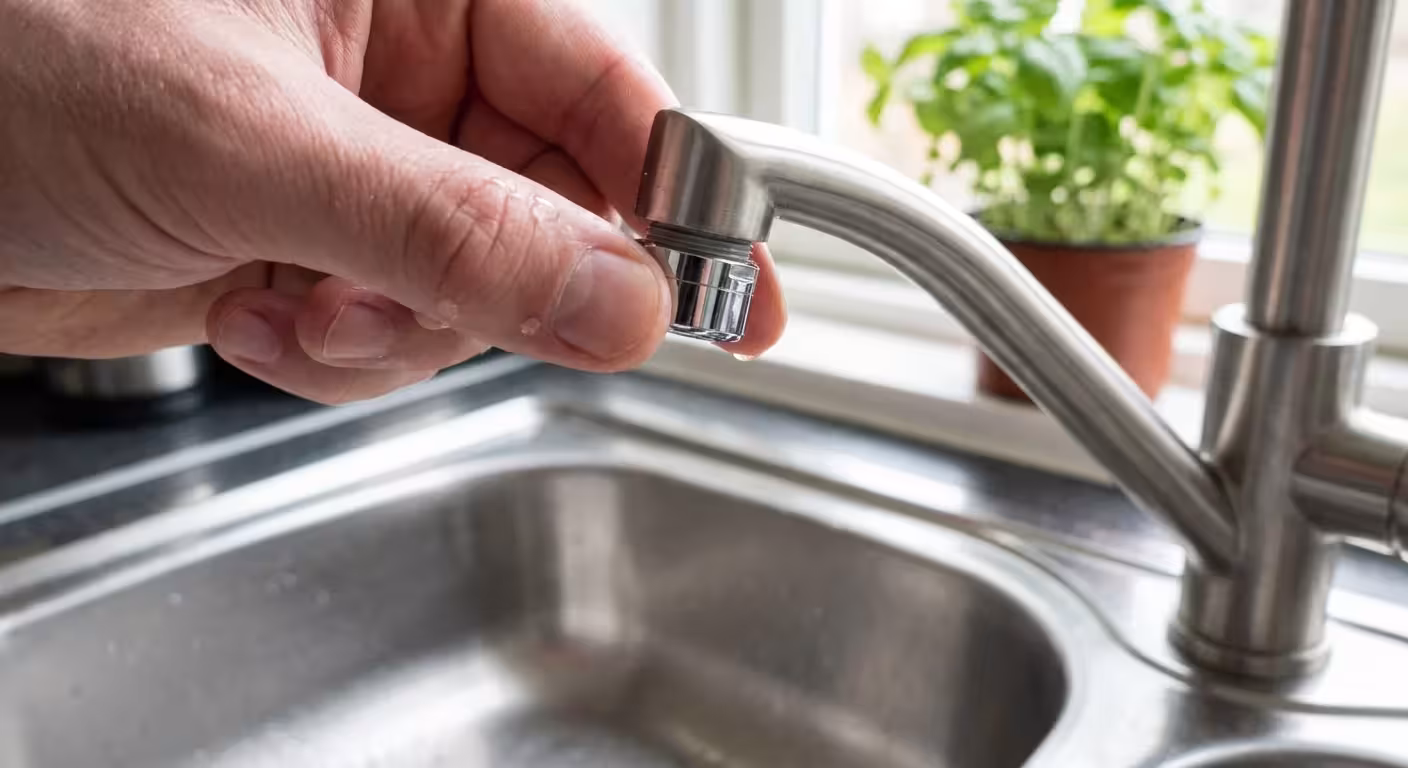 Close-up of a person installing a high-efficiency aerator on a kitchen faucet.