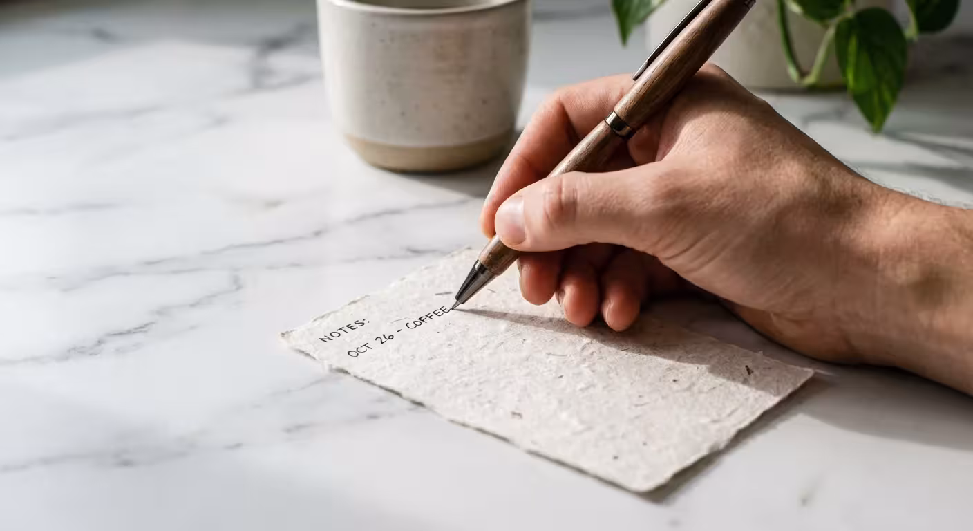 Close-up of a hand filling out a retail raincheck slip on a counter.