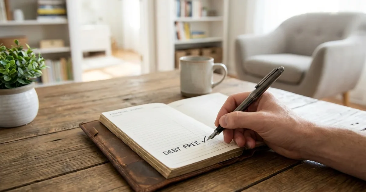Hand writing debt free with a checkmark in a journal on a wooden desk