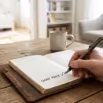 Hand writing debt free with a checkmark in a journal on a wooden desk