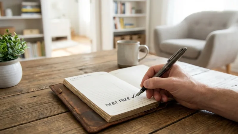 Hand writing debt free with a checkmark in a journal on a wooden desk