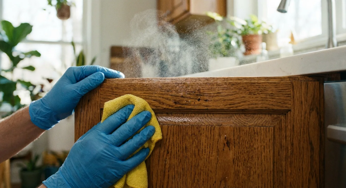 Hands cleaning a wooden cabinet door with a cloth and degreaser.