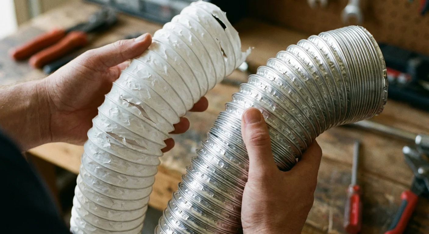 Hands comparing a low-quality plastic vent hose with a high-quality metal one.