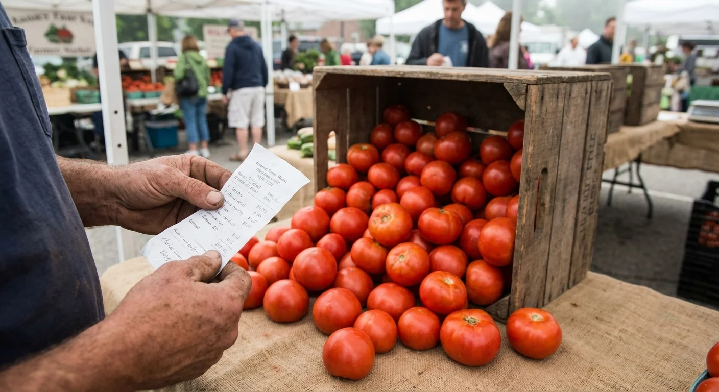 Hands holding a receipt next to a crate of fresh tomatoes.