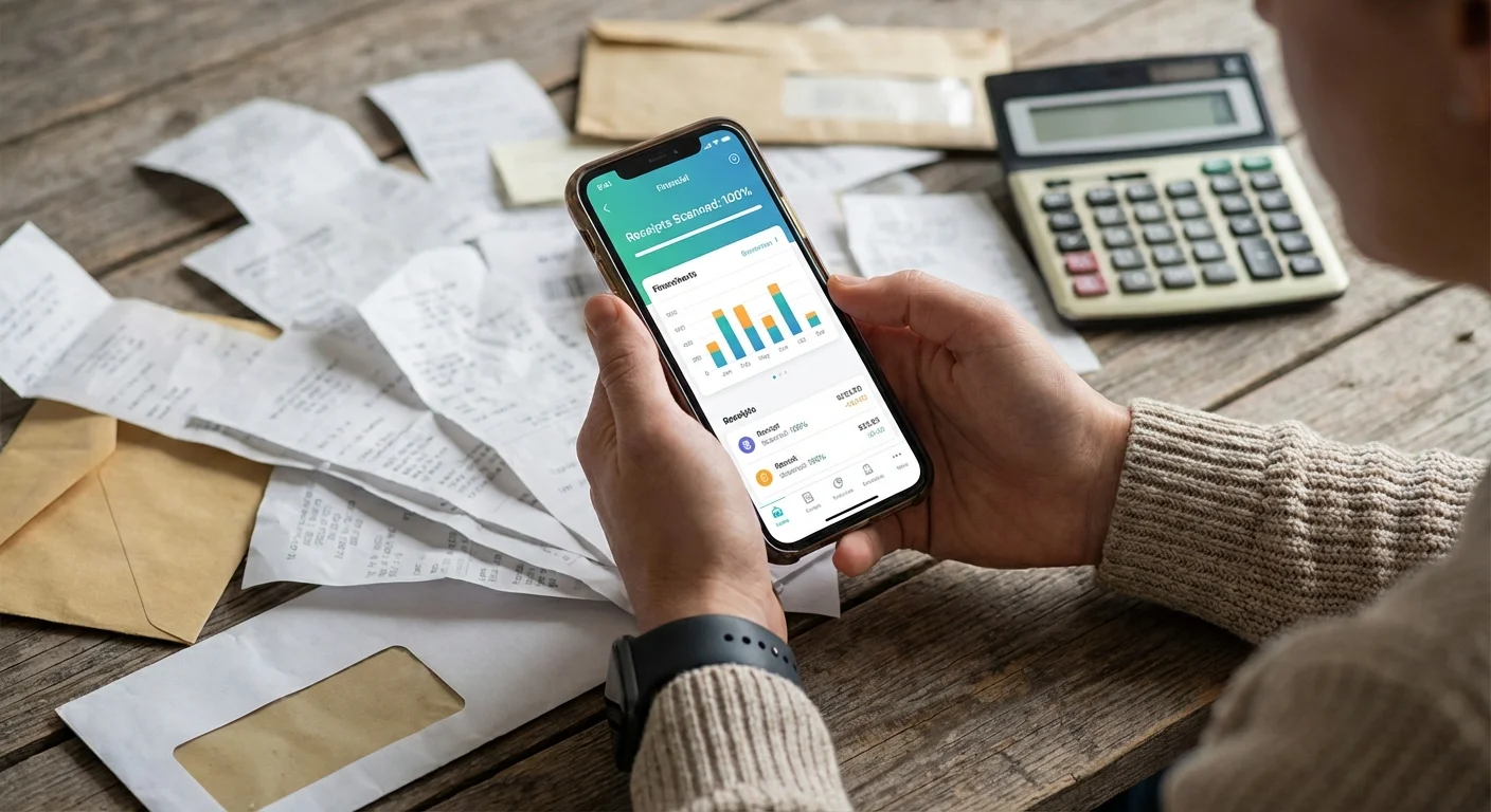 Hands holding a smartphone over a pile of paper receipts.