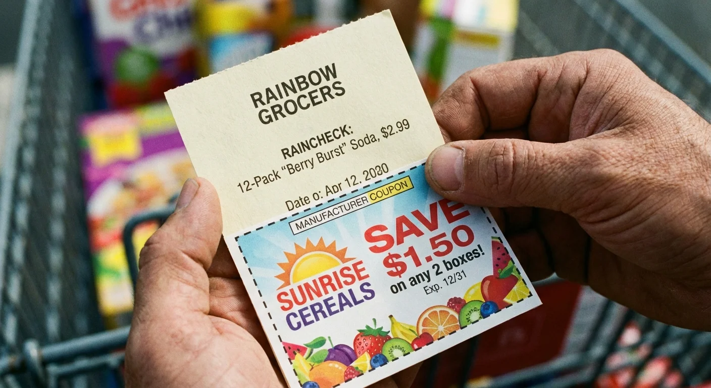 A hand holding both a raincheck slip and a product coupon.