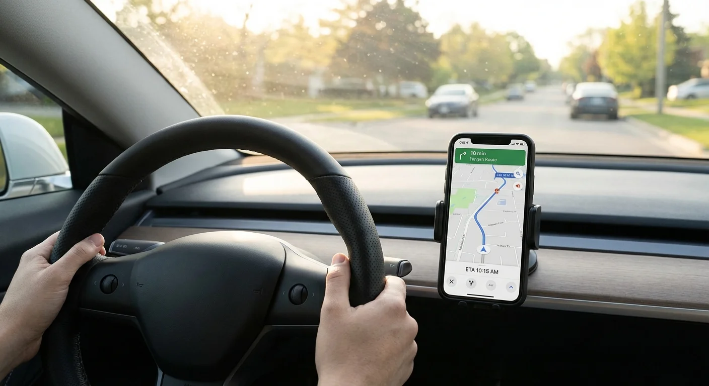 A driver's view of the road with a smartphone mounted on the dashboard for usage tracking.