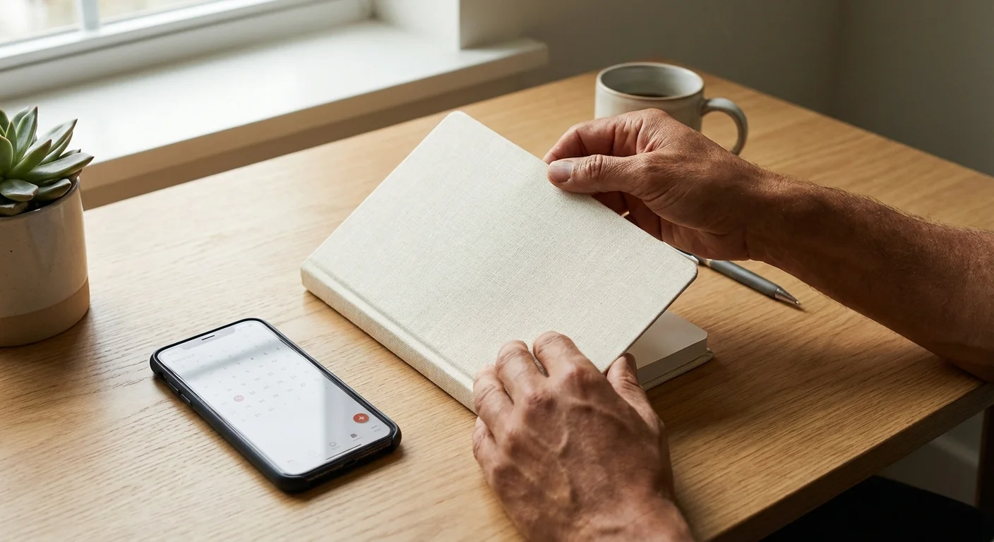 Hands opening a new notebook next to a phone, representing the fresh start of transitioning to a new budgeting system.