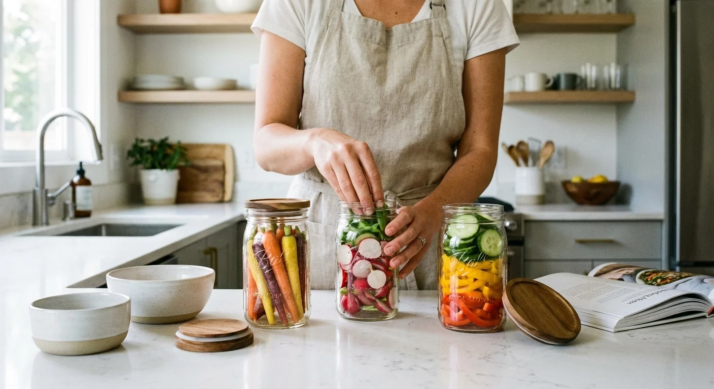 Hands packing vegetables into glass jars for preservation.
