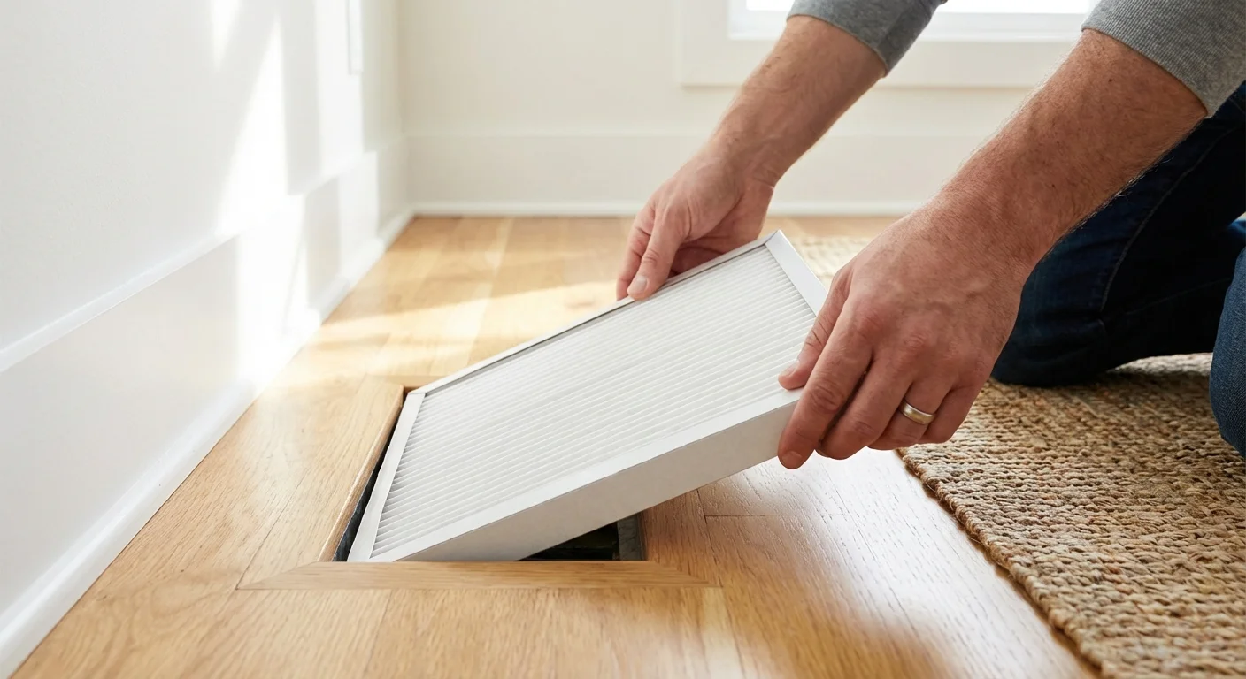 Hands replacing a clean air filter into a home heating vent.