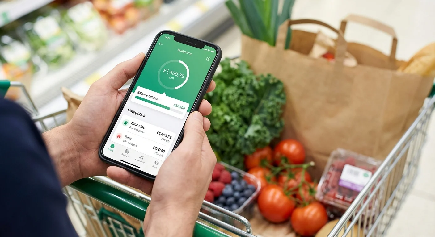 Hands using a budgeting app on a smartphone in a grocery store.