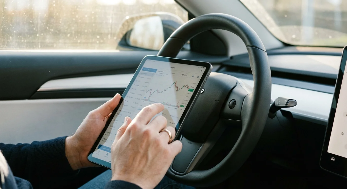 Hands using a tablet inside a car to check financial data, representing residual value research.