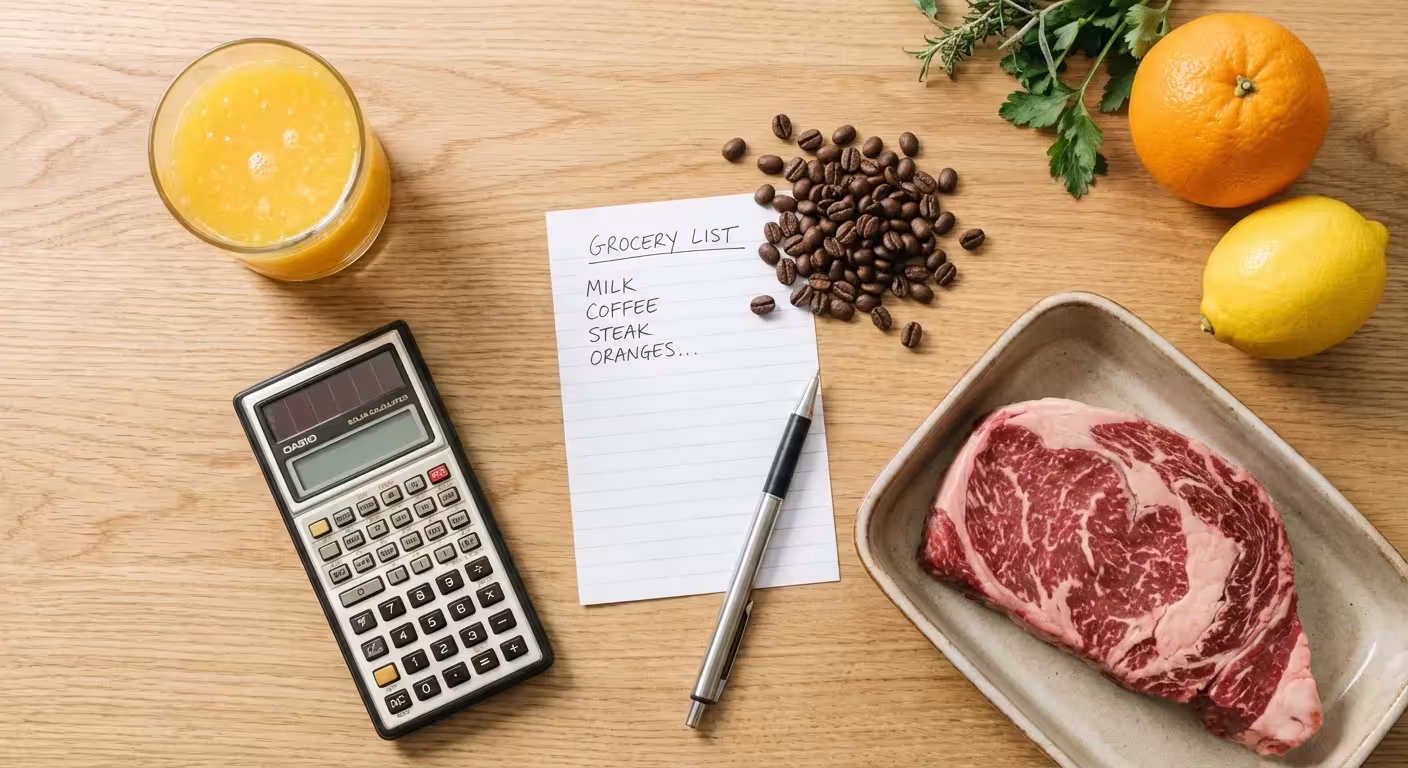 Flat lay of groceries, a calculator, and a list on a wooden table.